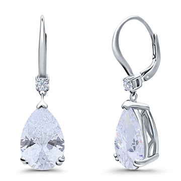 Pear Shape Dangling Leverback Earrings Wedding Simulated Cubic Zirconia 925 Sterling Silver (22mm)